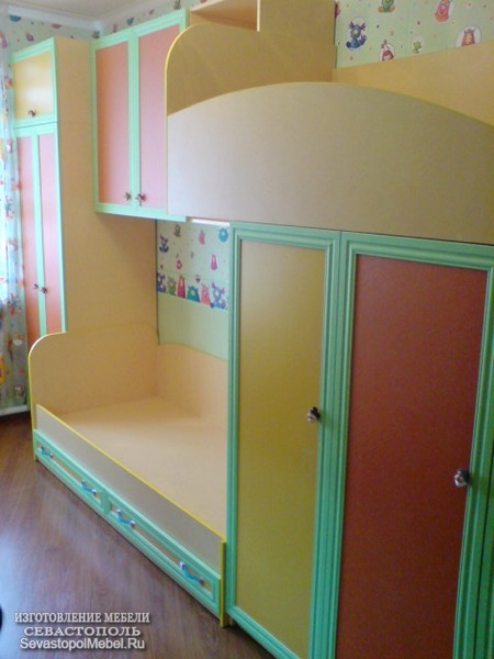 Детская двухярусная кровать с шкафчиками. Детская мебель на заказ в городе Севастополе.